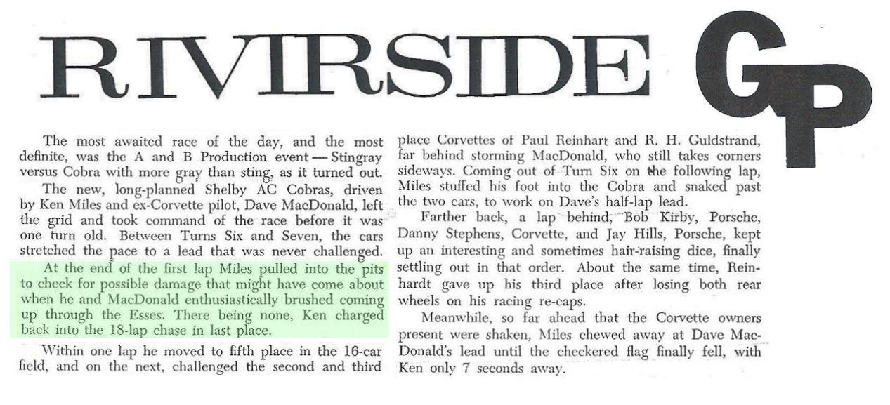 Dave MacDonald races the Carroll Shelby Cobra 260ci to its first ever win at Riverside International Raceway